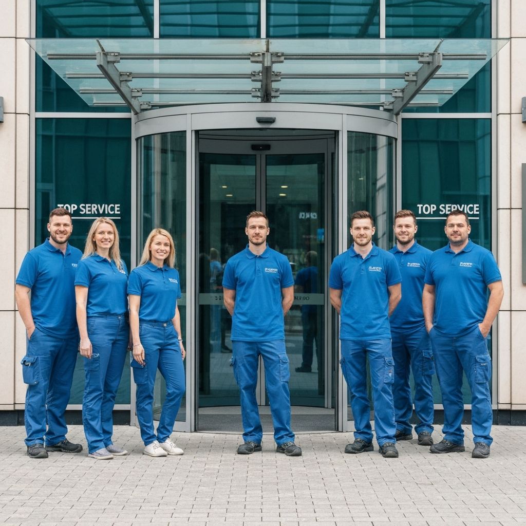 Équipe TOP SERVICES en uniformes marqués pour nettoyage de bâtiments